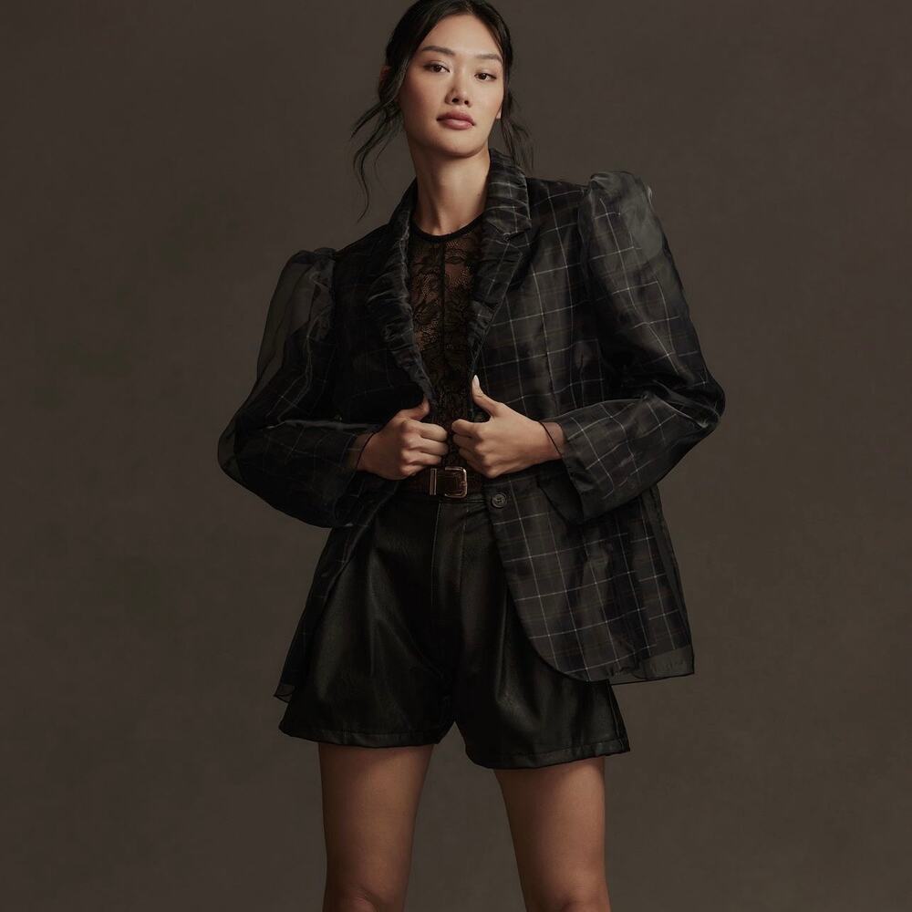 NWT Anthropologie Womens Tulle Overlay Plaid Blazer SZ M Navy Blue Tartan Chic